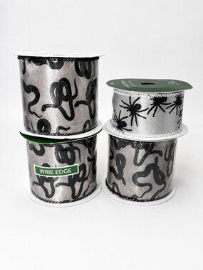 Halloween Snake Spider Wired Edge Ribbon Spool Bundle Lot Creepy Crafting Silver